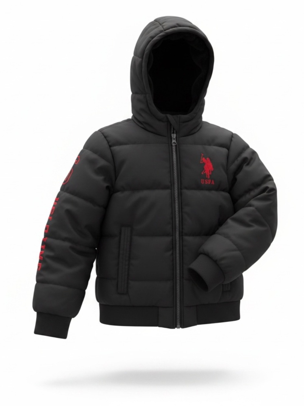 U.S. Polo Assn. Black Hooded Kids Puffer Jacket with Red Logo
